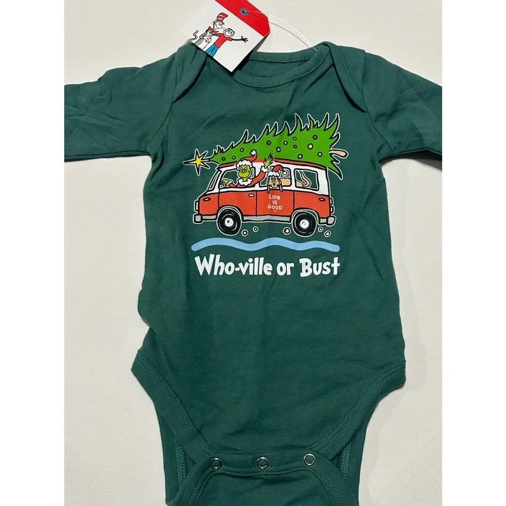 Life Is Good Baby Grinch Who-ville Or Bust One Piece Christmas Romper 3-6 Months
